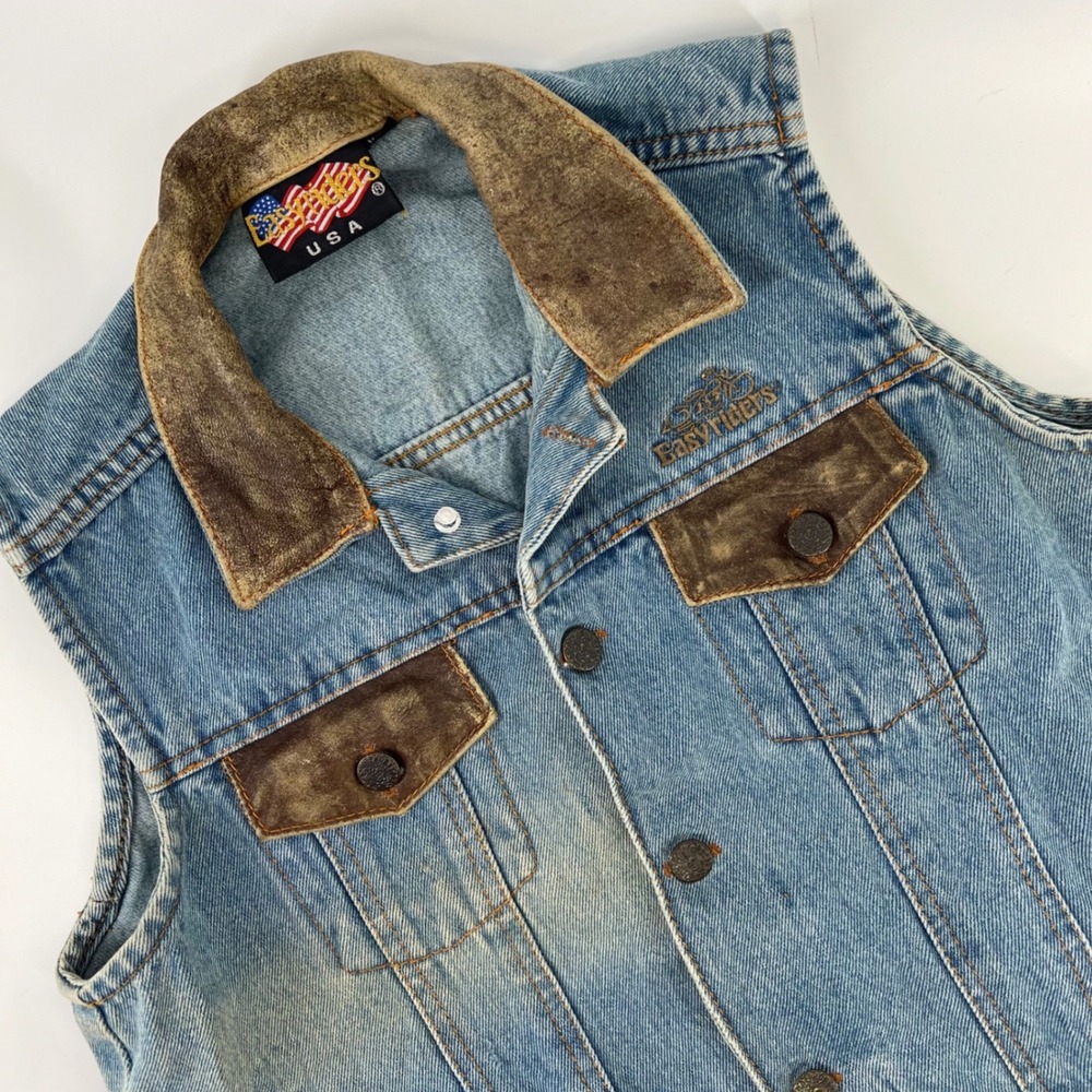 Vintage Easy Riders USA‎ Denim Vest Womens M 11/12 Leather Trim Biker Western